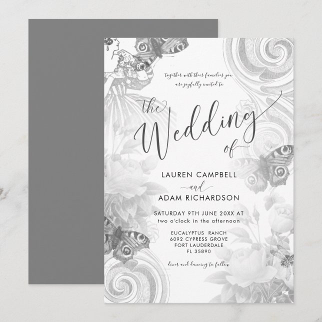 Vintage Garden Grey & White Botanical Wedding Invitation (Front/Back)
