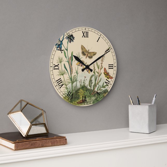 Vintage Garden Insects, Butterflies, Caterpillars Large Clock (Office)