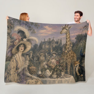 Vintage Garden Party Giraffe Peacock Woodland Fleece Blanket