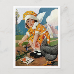 VINTAGE GARDEN "PLANTING TIME" BABY AND ROOSTER POSTCARD