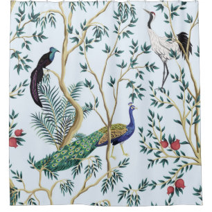 Vintage garden pomegranate fruit tree, exotic bird shower curtain