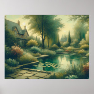 Vintage Garden Pond Green Plants Poster