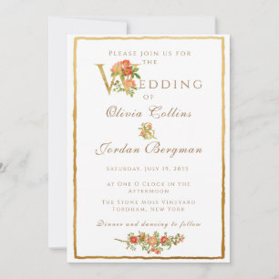 Vintage Garden Rose and Gold Simple Wedding  Invitation