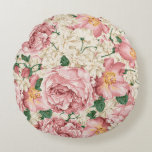 Vintage Garden Roses and Hydrangeas Floral Pattern Round Cushion<br><div class="desc">Add a floral accent to your kitchen with this botanical round pillow. This vintage-inspired floral pillow features a botanical pattern of pink garden roses and ivory hydrangeas. This floral pillow is perfect for spring. Matching items are available.</div>