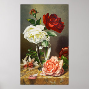 Vintage Garden Roses in a Glass Vase Poster