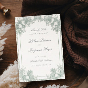 Vintage Garden Sage Green French Floral Wedding Save The Date