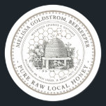 Vintage Garden Skep Honey Label honeycomb taupe<br><div class="desc">Custom Honey Label with vintage illustration of a bee-hive surrounded by an old world garden and little bees. Honeycomb pattern in background. Dotted circle border. Personalise with your name,  apiary,  location and cell phone.</div>