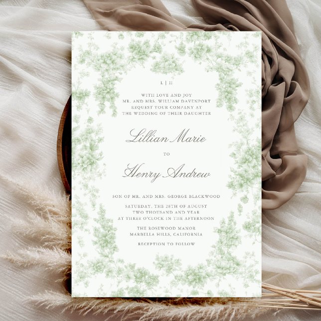 Vintage Garden Toile Sage Green Classic Wedding Invitation (vintage garden wedding invitation chateau sage green toile floral romantic old money formal classic)