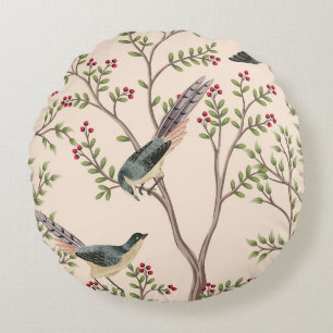 Vintage garden tree, bird floral seamless pattern round cushion