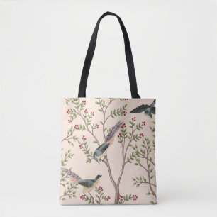 Vintage garden tree, bird floral seamless pattern tote bag