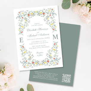 Vintage Garden Watercolor Monogram QR Code Wedding Invitation