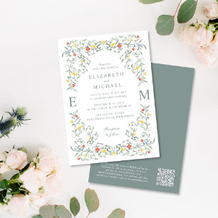 Vintage Garden Watercolor Monogram QR Code Wedding Invitation