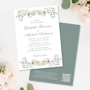 Vintage Garden Watercolor QR Code Wedding Invitation