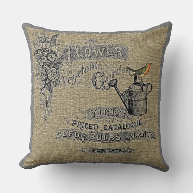 Vintage Gardening Watering Can Robin Burlap Cushion (Front)