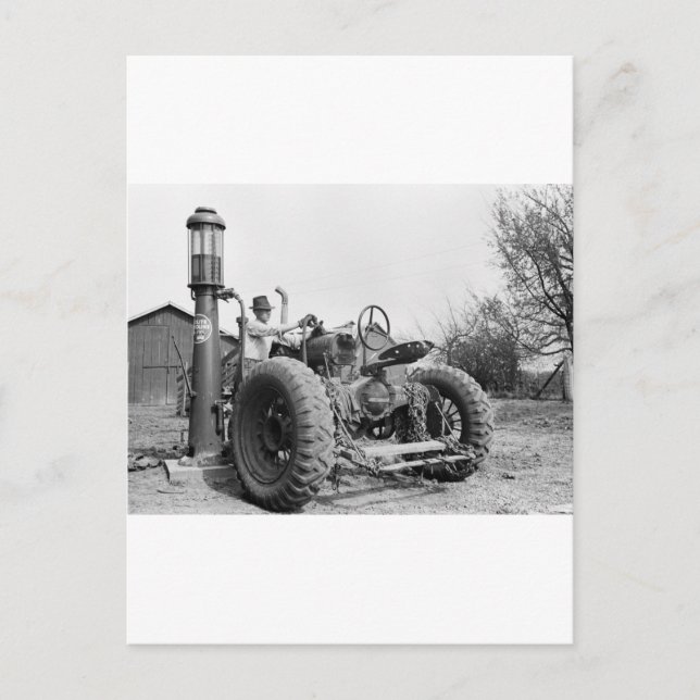 Vintage Gas Pump on the Farm, 1940s Postcard (Front)