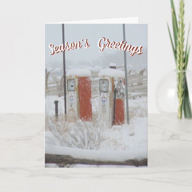 Vintage Gas Pumps In Snow Christmas Greeting Cards (Front)