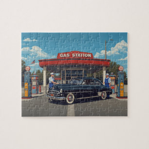 Vintage Gas Station Classic Black Car 1950s Jigsaw Puzzle