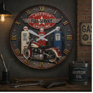 Vintage Gas Station Motorcycle Retro Full Service Large Clock