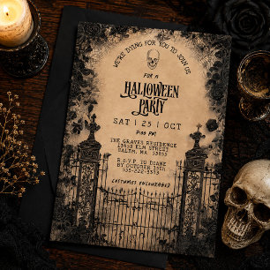Vintage Gate & Black Roses Spooky Halloween Party Invitation