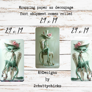 Vintage Gatsby Cats Sage Green Decoupage  Wrapping Paper Sheet