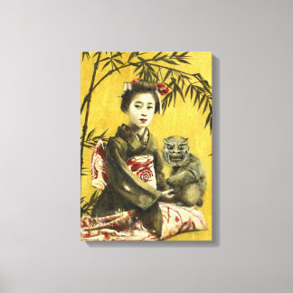 Vintage Geisha And Bamboo Design Canvas Print