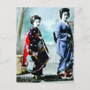 Vintage Geisha and Her Maiko 芸者 舞妓 Old Japan Postcard