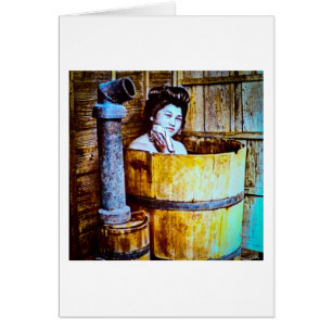 Vintage Geisha Bathing in Wooden Tub in Old Japan