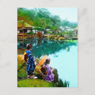 Vintage Geisha By Pond in Hikone Park Japanese Postcard