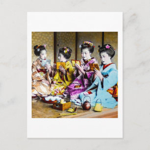 Vintage Geisha Checking Their Makeup at Tea Japan Postcard
