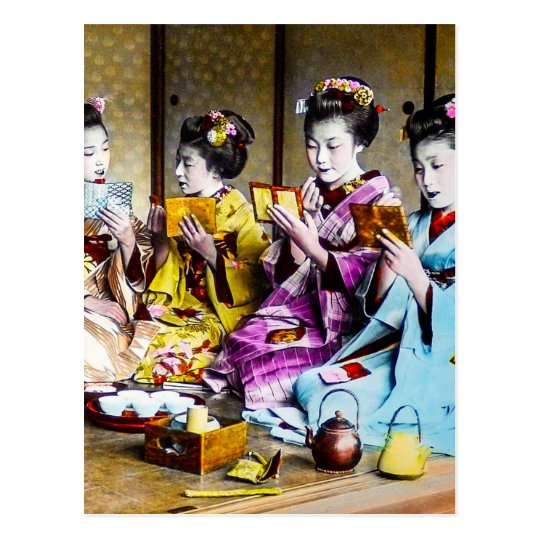 Vintage Geisha Checking Their Makeup at Tea Japan Postcard