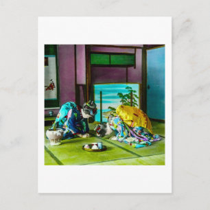 Vintage Geisha Greetings Over Tea Old Japan Postcard