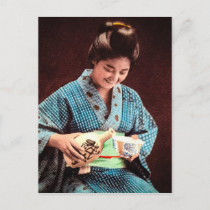 Vintage Geisha Imbibing in a Cup of Sake old Japan Postcard