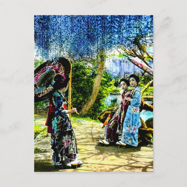Vintage Geisha in Wisteria Garden Old Japan Postcard (Front)