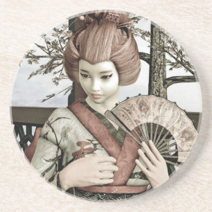 Vintage Geisha Kimono Fan Illustration Coaster