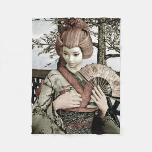 Vintage Geisha Kimono Fan Illustration Fleece Blanket
