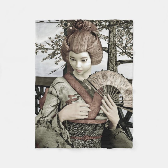 Vintage Geisha Kimono Fan Illustration Fleece Blanket (Front)