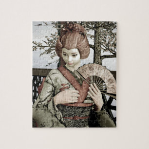 Vintage Geisha Kimono Fan Illustration Jigsaw Puzzle