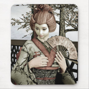 Vintage Geisha Kimono Fan Illustration Mouse Mat