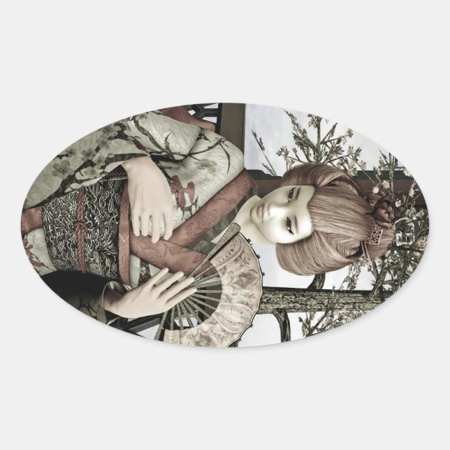 Vintage Geisha Kimono Fan Illustration Oval Sticker (Front)