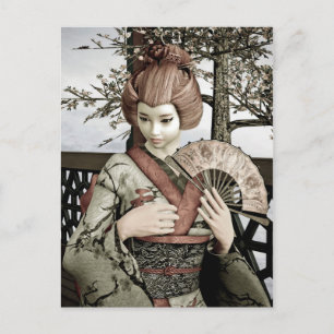 Vintage Geisha Kimono Fan Illustration Postcard