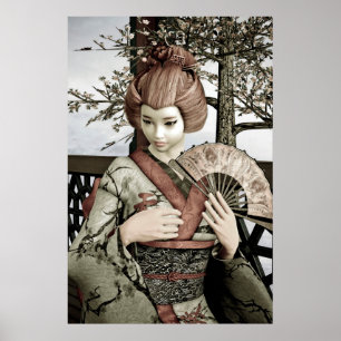 Vintage Geisha Kimono Fan Illustration Poster