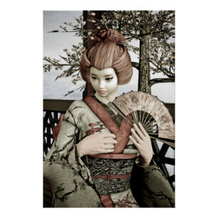 Vintage Geisha Kimono Fan Illustration Poster
