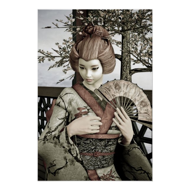Vintage Geisha Kimono Fan Illustration Poster (Front)