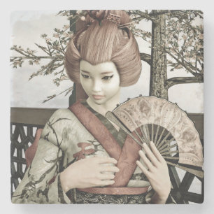 Vintage Geisha Kimono Fan Illustration Stone Coaster