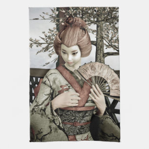 Vintage Geisha Kimono Fan Illustration Tea Towel