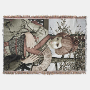 Vintage Geisha Kimono Fan Illustration Throw Blanket
