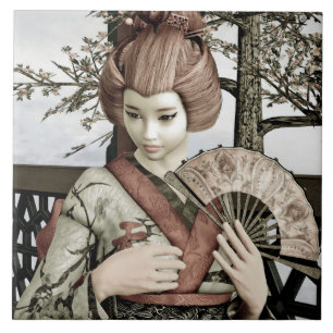 Vintage Geisha Kimono Fan Illustration Tile