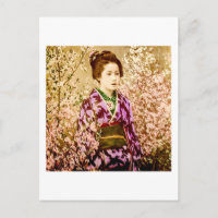 Vintage Geisha Posing in Cherry Blossoms
