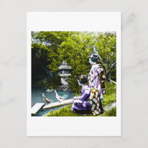 Vintage Geisha Watching Ducks in Park Old Japan Postcard