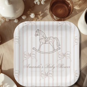 Vintage Gender Neutral Rocking Horse Baby Shower Paper Plate